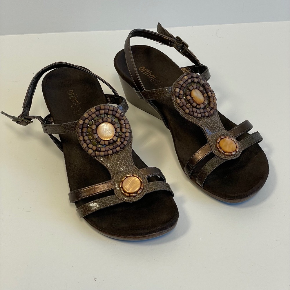 Orthaheel Kelly Bronze Beaded Wedge Sandals Womens Size 6 Comfort Boho‎